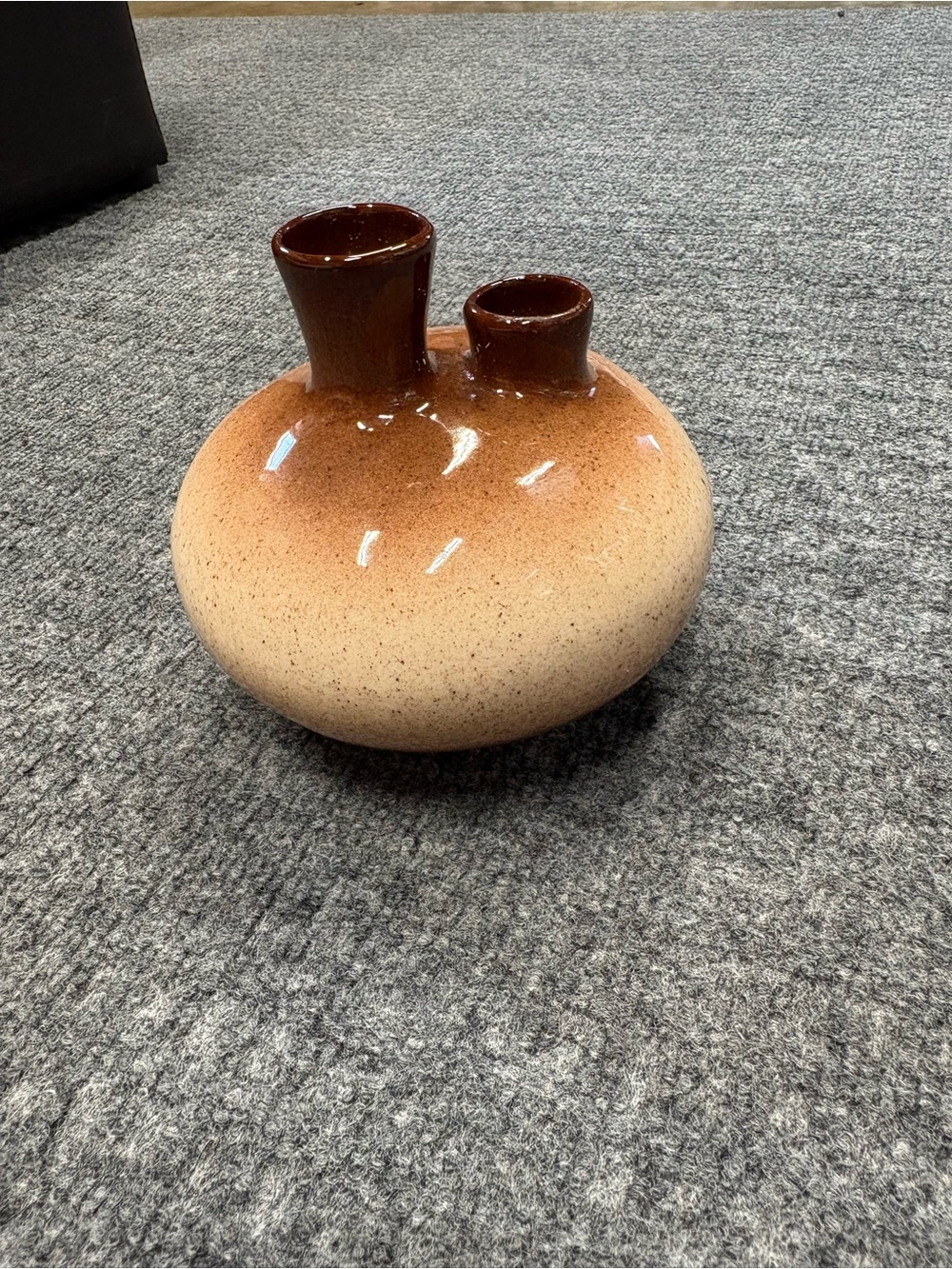 Vintage Studio Art Two-Neck Glazed Ceramic Vase in Brown and Cream